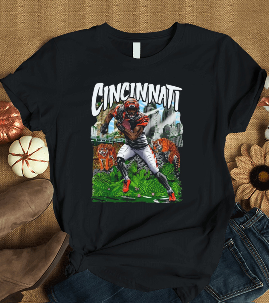 Cincinnati Jungle Football Player With Tigers And City Skyline T-Shirt