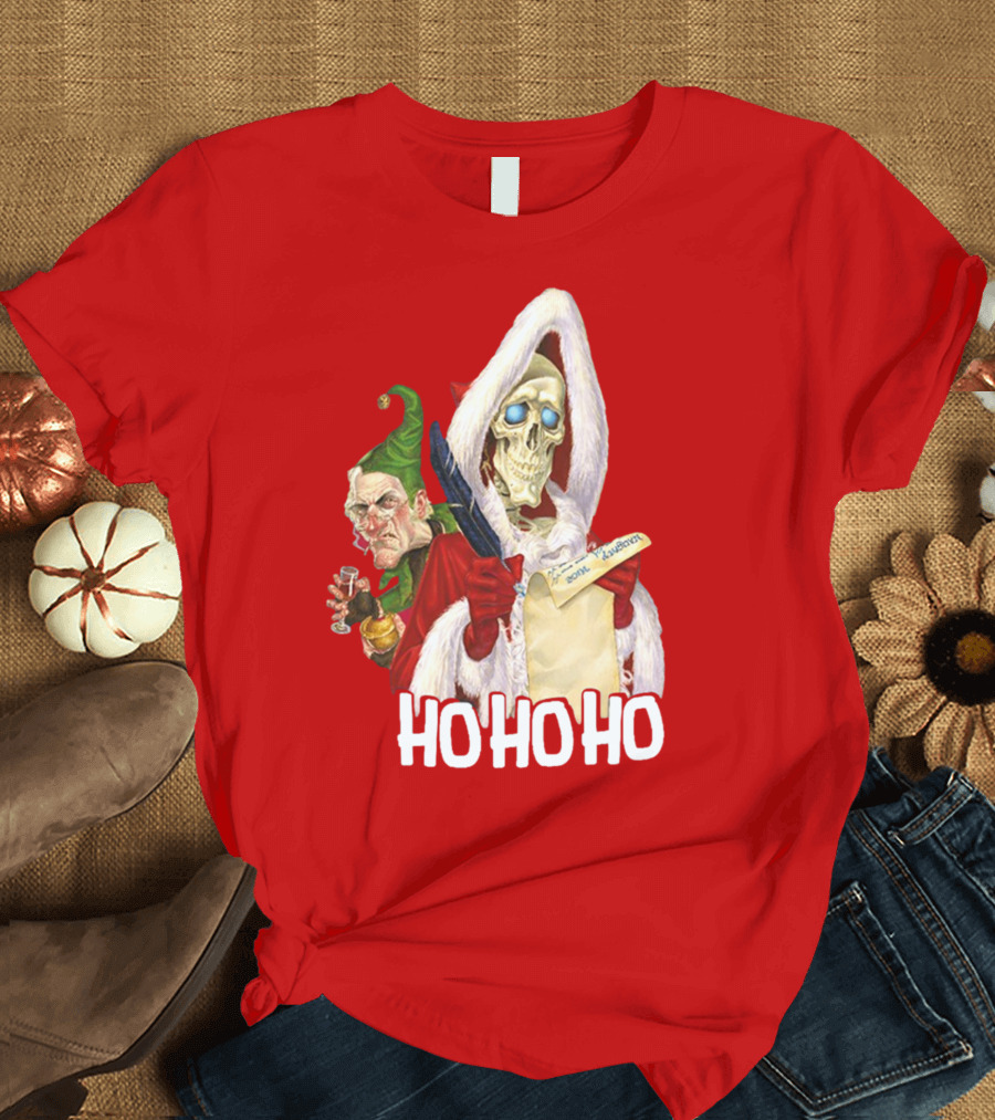 Ho Ho Ho Death With Albert Hogs Santa Skeleton and Elf T-Shirt