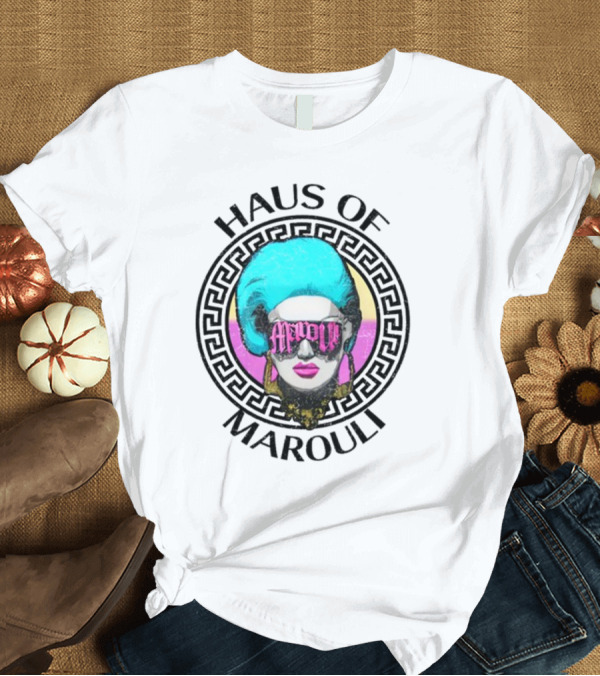 T-Shirt: HAUS OF MAROULI Neon Glam Icon with Greek Key Border T-Shirt HAUS OF MAROULI Neon Glam Icon with Greek Key Border T-Shirt