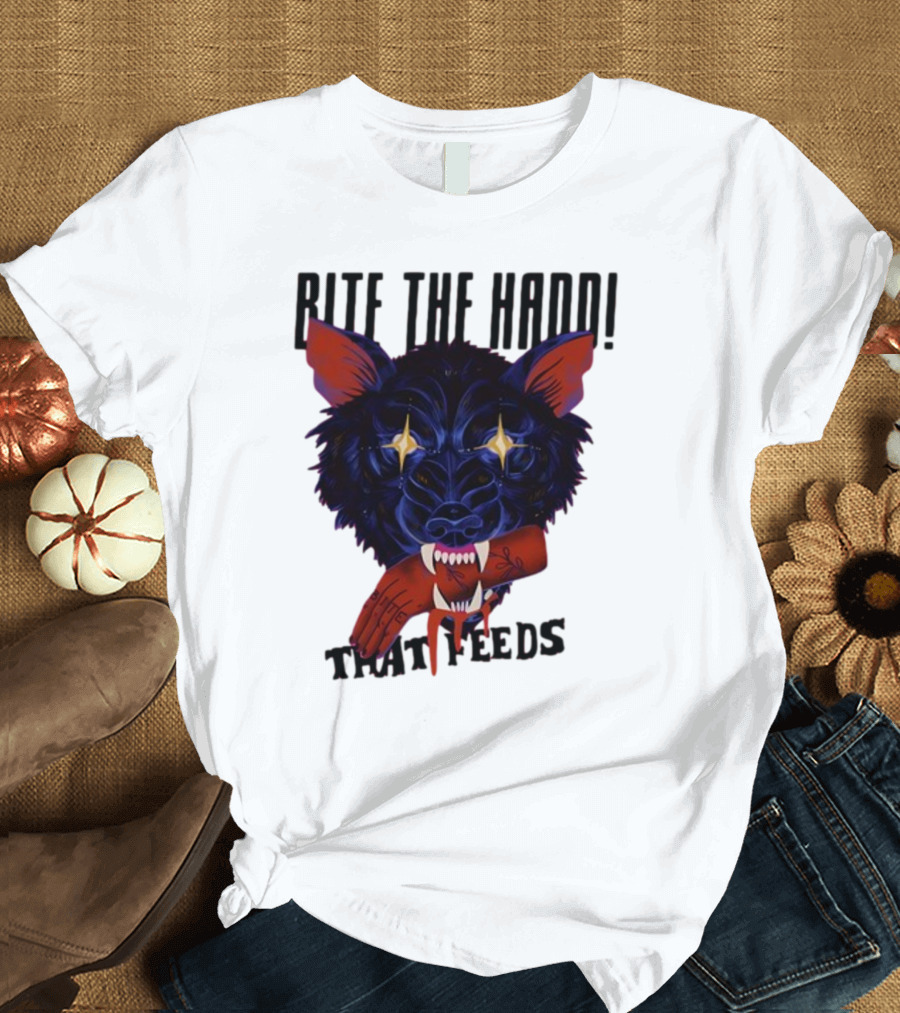 Galactixy Bite The Hand That Feeds Wolf with Glowing Eyes Holding Severed Hand T-Shirt