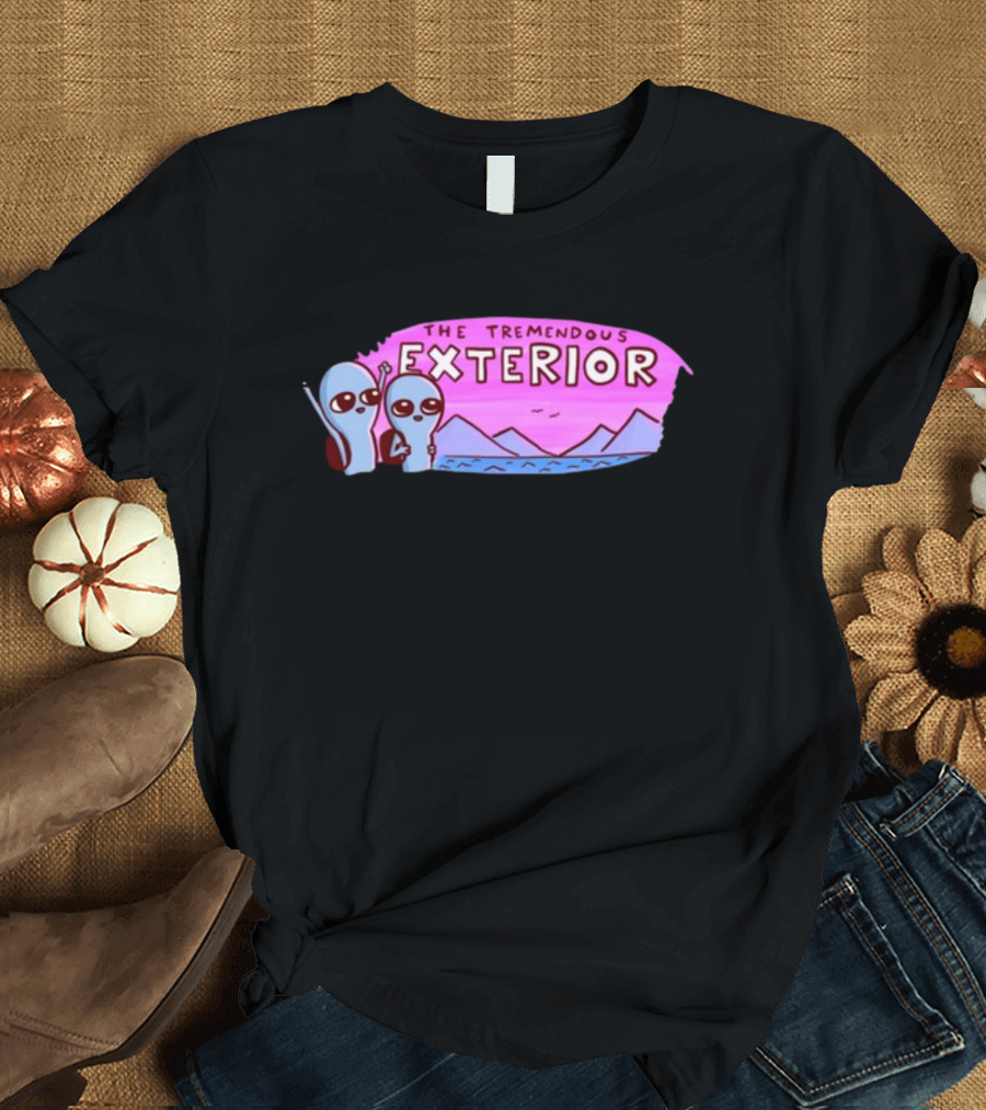 Strange Planet The Tremendous Exterior Alien Characters with Mountains and Pink Sky Scene T-Shirt