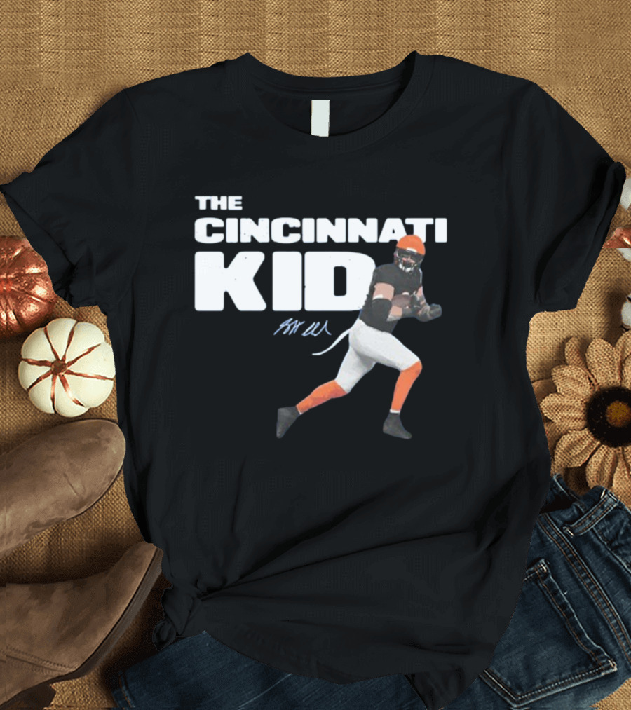 The Cincinnati Kid Football Player Graphic with Signature in Orange and Black T-Shirt