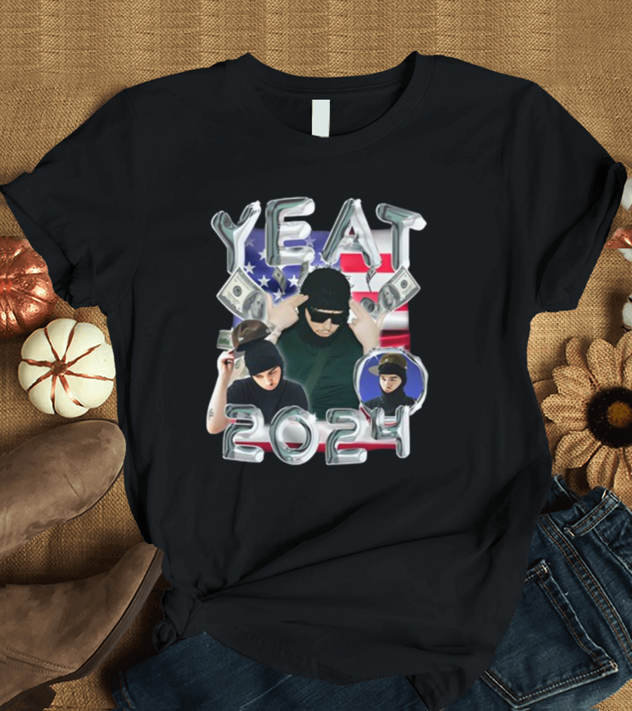 Yeat 2024 Metallic Text with Dollar Bills and American Flag Background T-Shirt
