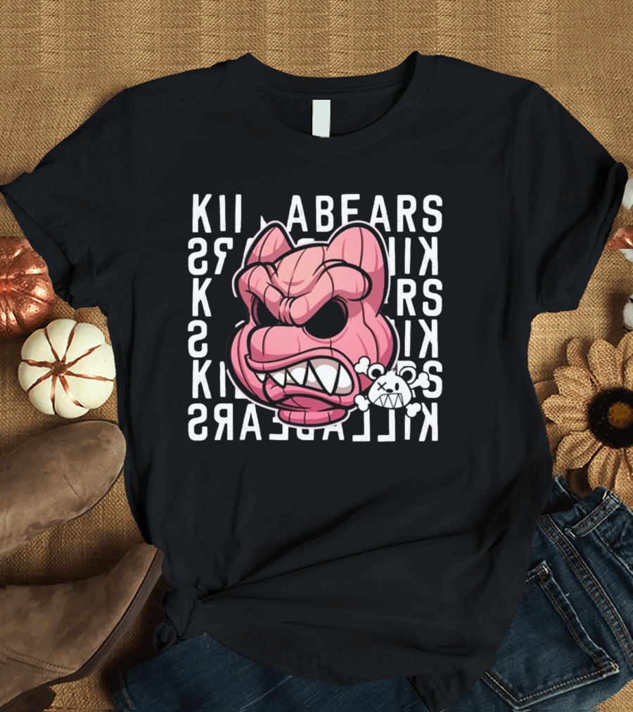 Killabears Angry Pink Bear with Skull and Bones T-Shirt