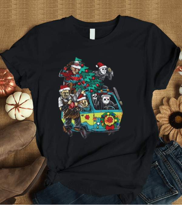 T-Shirt: Horror Movie Characters in Christmas Santa Hats with Tree on Fun Van T-Shirt Horror Movie Characters in Christmas Santa Hats with Tree on Fun Van T-Shirt