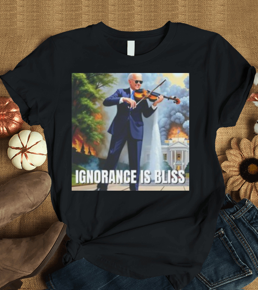 Ignorance Is Bliss Violinist in Suit Playing Amidst Fires and White House T-Shirt