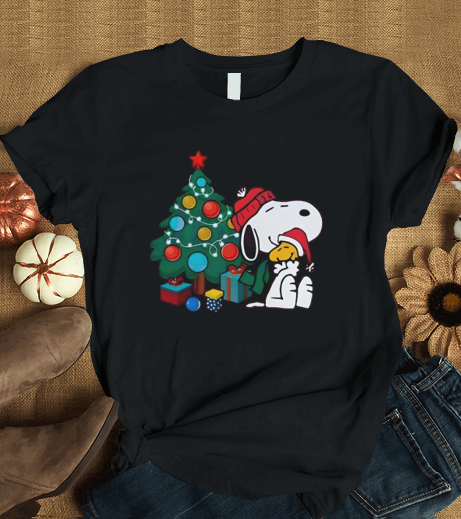 Snoopy and Woodstock Celebrating Christmas by the Tree T-Shirt