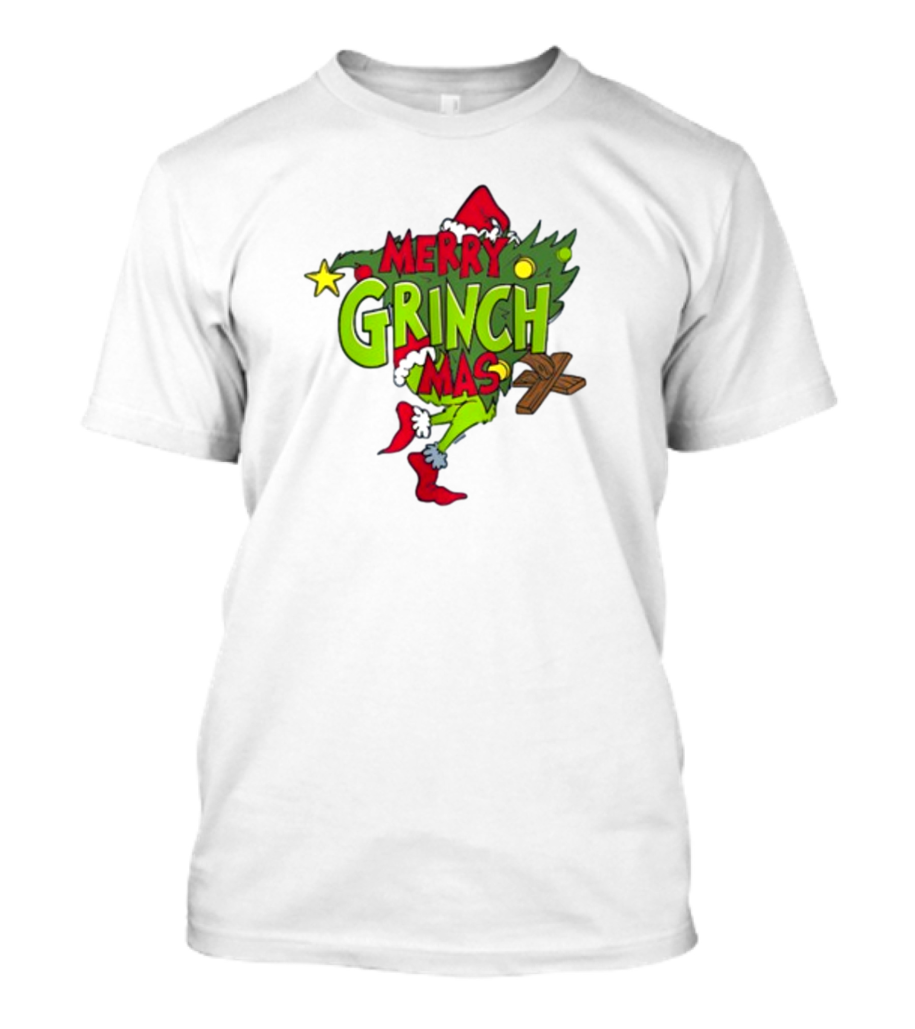 Merry Grinchmas Tree With Santa Hat And Holiday Decorations T-Shirt