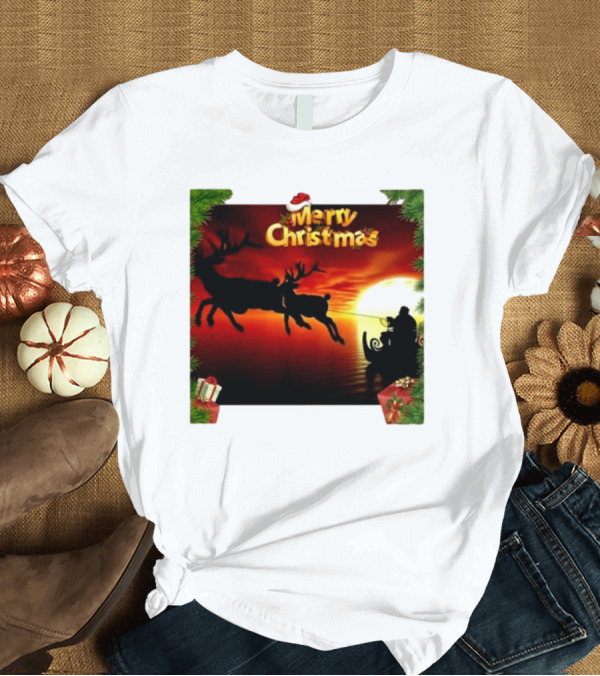 T-Shirt: Merry Christmas Santa Claus Sleigh Sunset with Reindeer in Holiday Scene T-Shirt Merry Christmas Santa Claus Sleigh Sunset with Reindeer in Holiday Scene T-Shirt