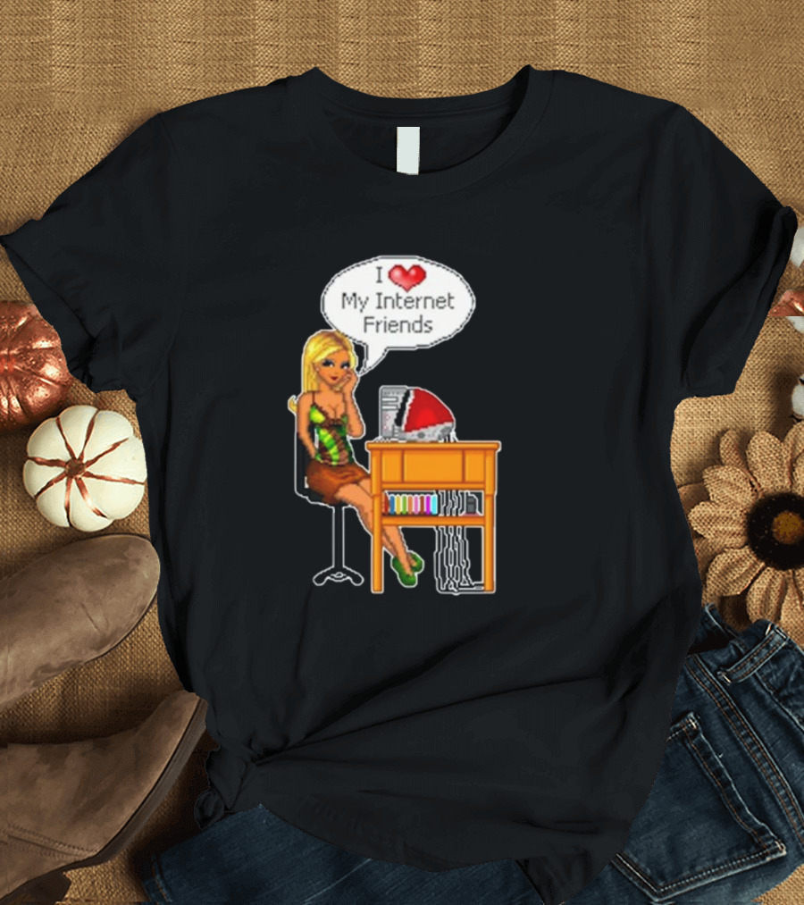 Cherrykitten I Love My Internet Friends Y2K Vintage Blonde Girl at Desk Pixel T-Shirt