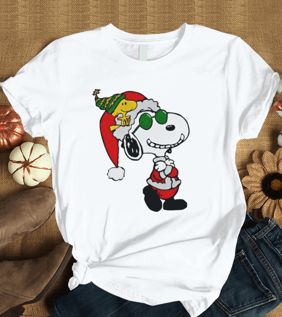 Snoopy and Woodstock Peanuts Merry Christmas Santa Hat and Sunglasses T-Shirt