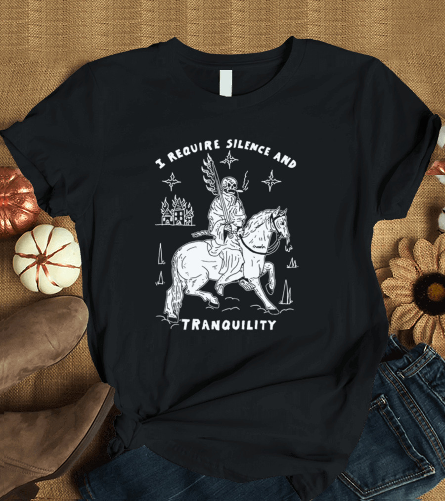 I Require Silence and Tranquility Grim Reaper on Horse with Burning Castle and Stars T-Shirt