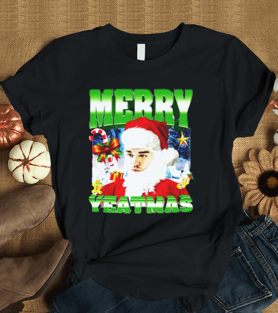 Memeabletees Merry Yeatmas Santa Claus Candy Canes and Snowflakes T-Shirt