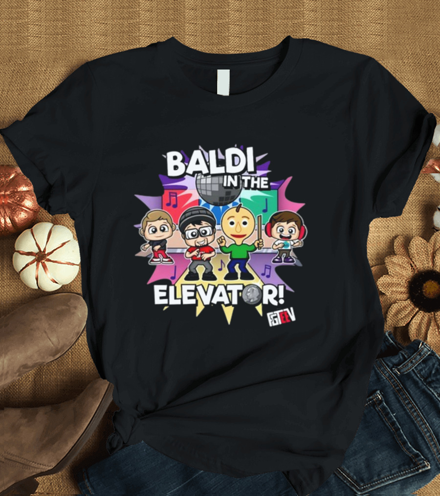 Baldi in the Elevator FGTEEV Characters with Disco Ball and Music Notes T-Shirt