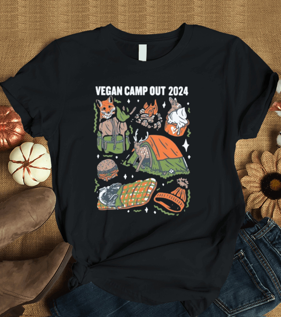 Vegan Camp Out 2024 Forest Animals Tent Campfire Deer Burger Sleeping Bag Beanie T-Shirt