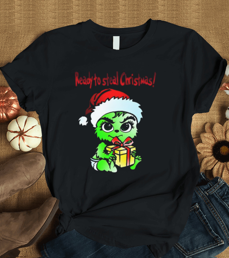 Cathygraphics3 Ready to Steal Christmas Green Santa Hat Gift T-Shirt