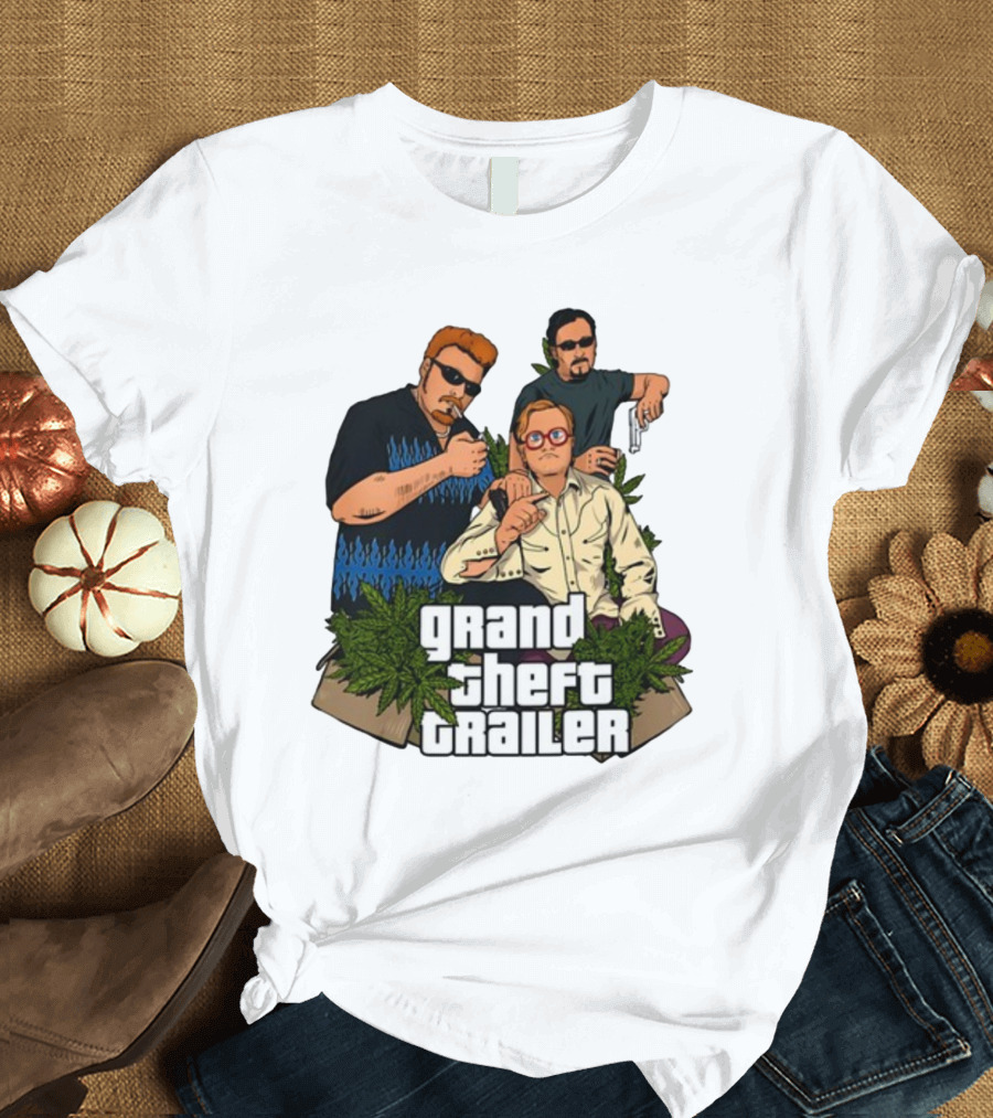 Grand Theft Trailer Cannabis Comedy Trio with Sunglasses and Pistol T-Shirt