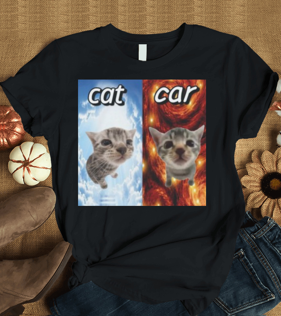 Cringeytees Cat Car Kitten Showdown Sky vs Swirl Background T-Shirt