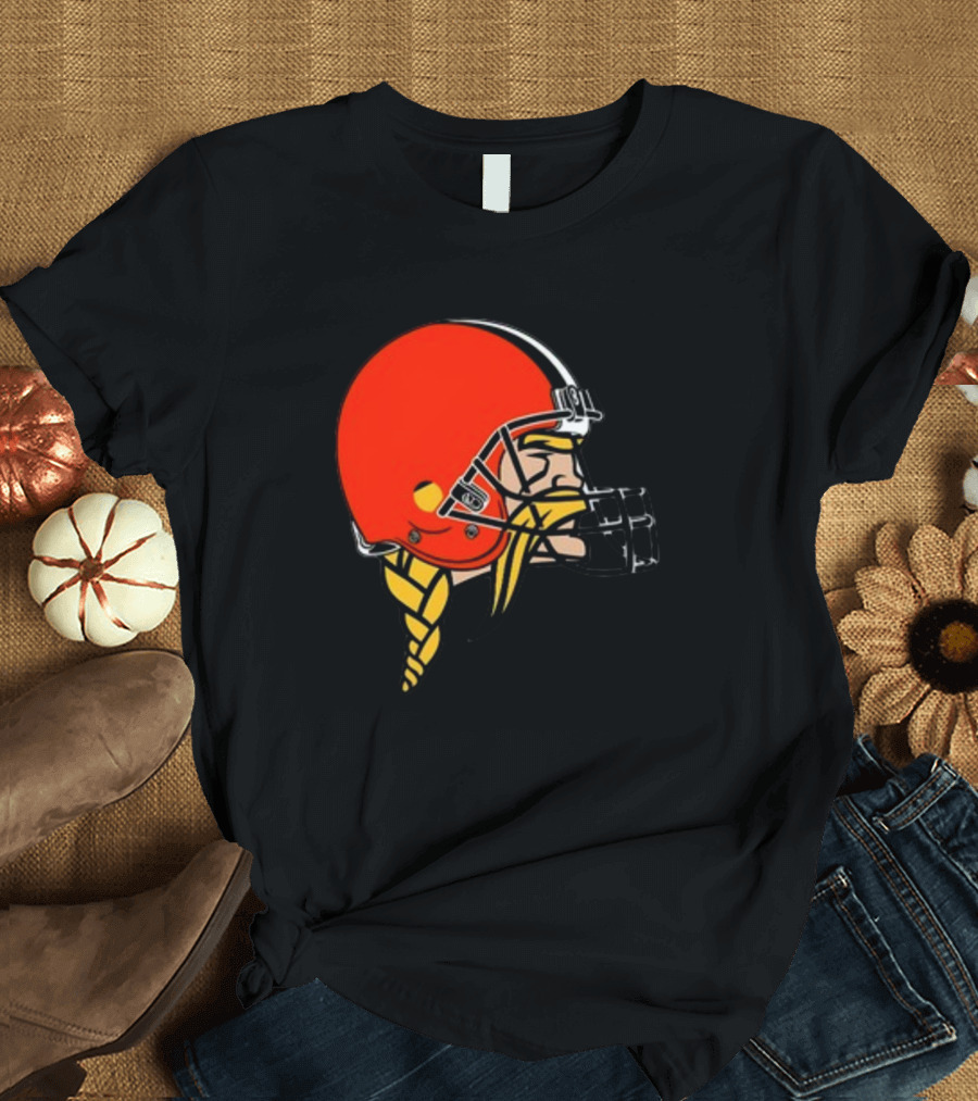 Vikings Helmet Featuring Browns Colors and Iconic Braided Warrior T-Shirt