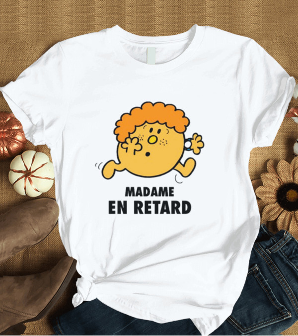 T-Shirt: Madame En Retard Character with Orange Hair and Running Pose T-Shirt Madame En Retard Character with Orange Hair and Running Pose T-Shirt