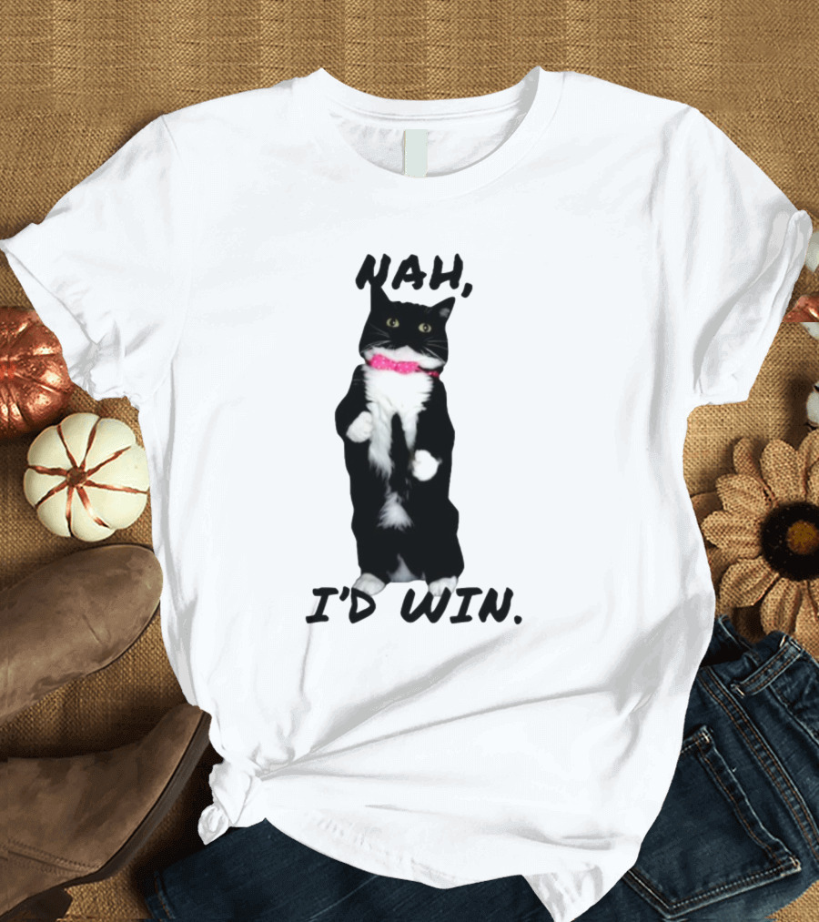 Nah I'd Win Black and White Cat with Pink Bow Tie T-Shirt