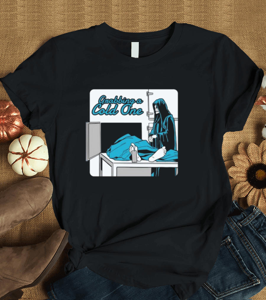 Grabbing a Cold One Grim Reaper with Feet on Morgue Table T-Shirt