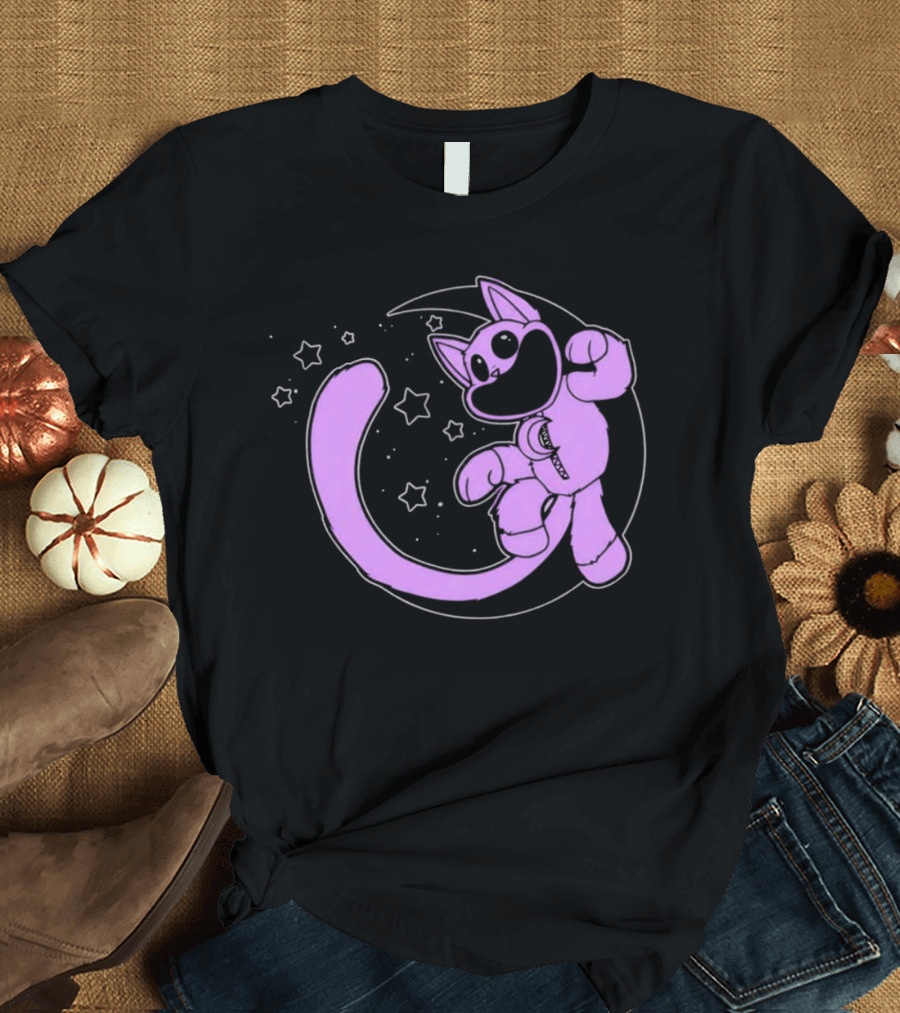 Purple Cartoon Cat with Stars and Moon T-Shirt
