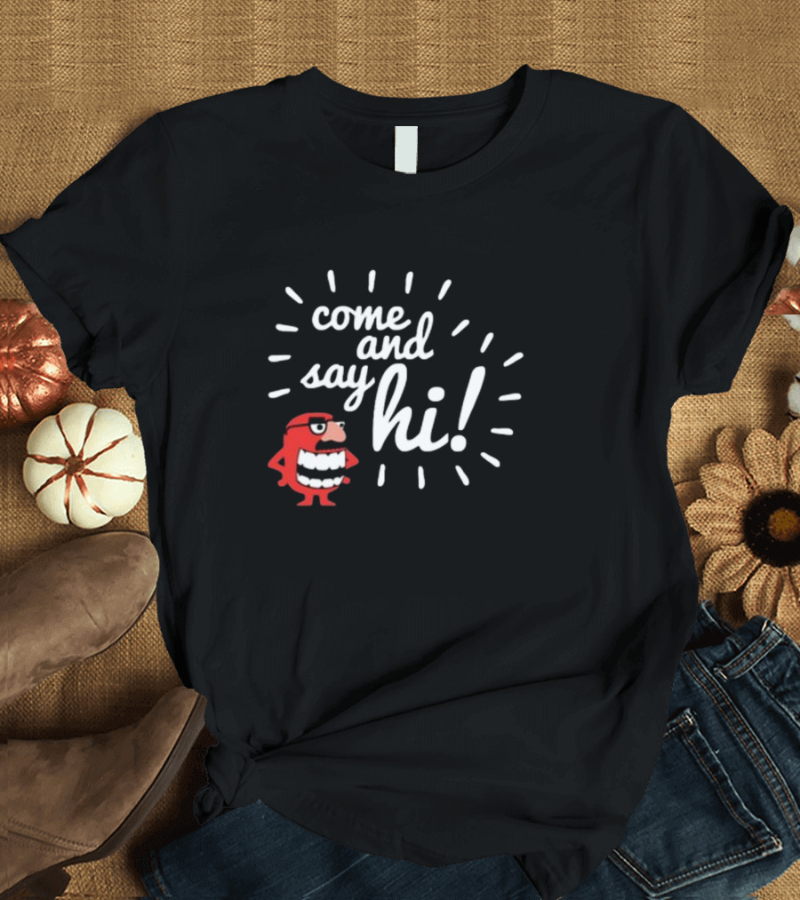 Ministryoftesting Come And Say Hi Red Cartoon Character T-Shirt