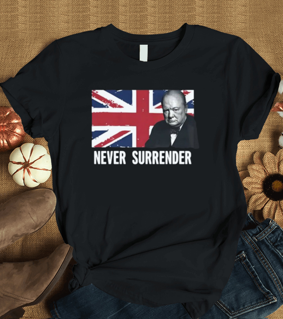 Winston Churchill Never Surrender Union Jack Iconic Leadership T-Shirt