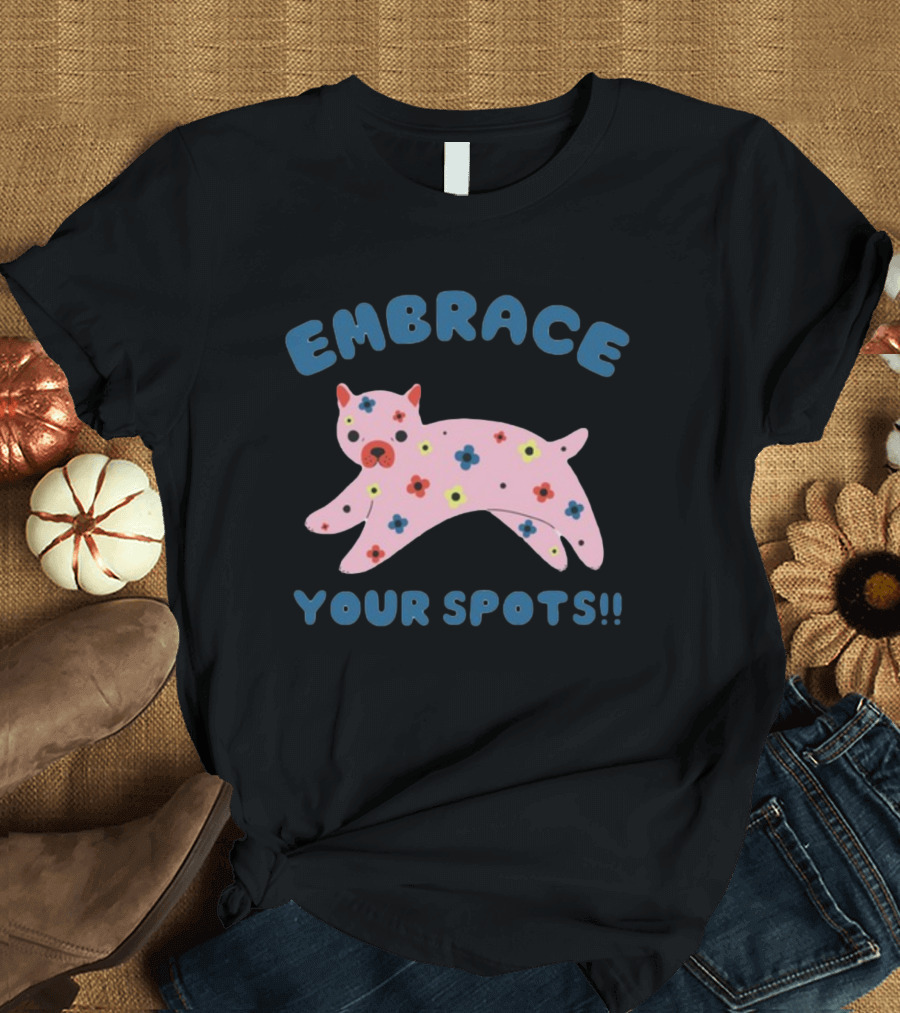 Tenderghost Embrace Your Spots Cat Colorful Flowers T-Shirt