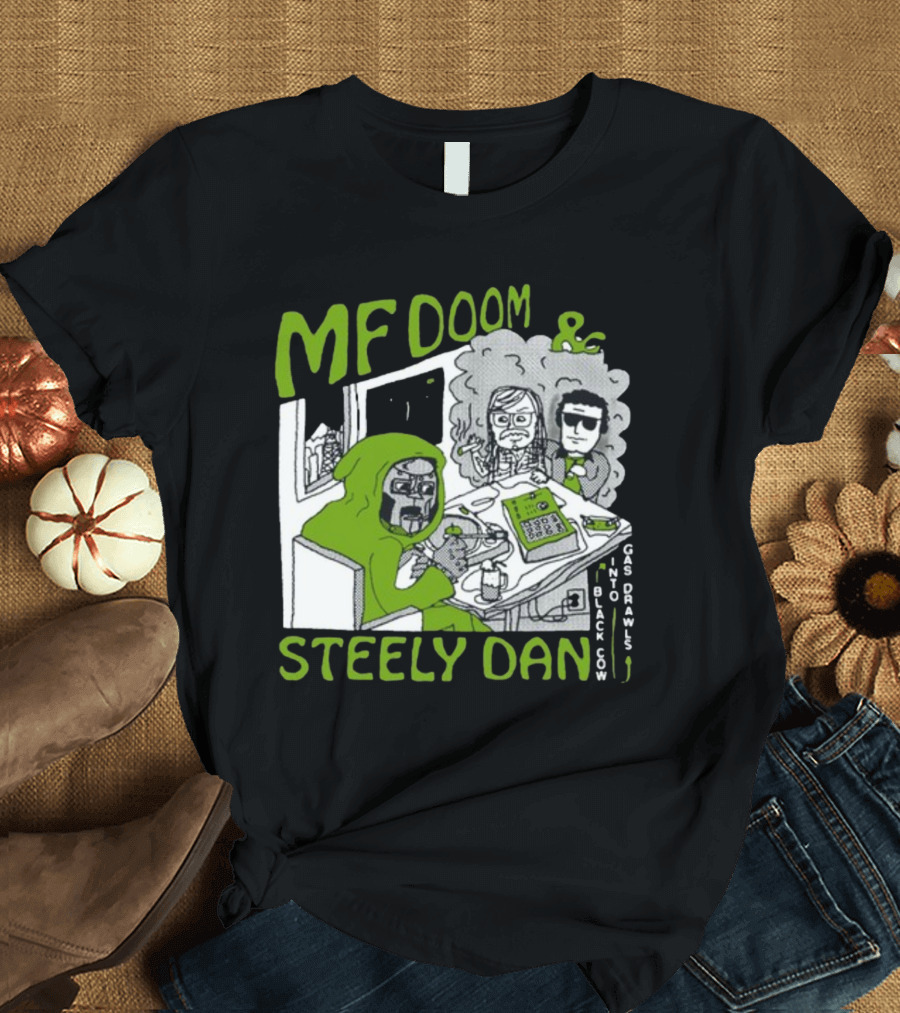MF Doom and Steely Dan Black Cow Into Gas Drawls Comic Style Scene T-Shirt