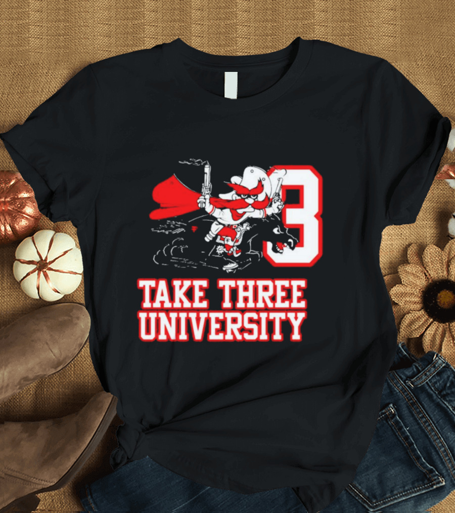 Take Three University Cowboy Mascot with Dual Pistols Number 3 T-Shirt