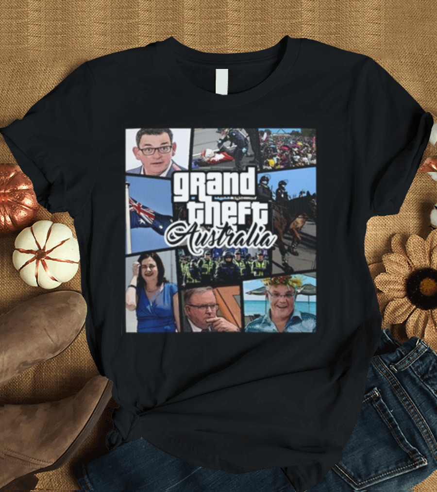 Grand Theft Australia Aussiebotstudio Political and Cultural Satire Collage T-Shirt