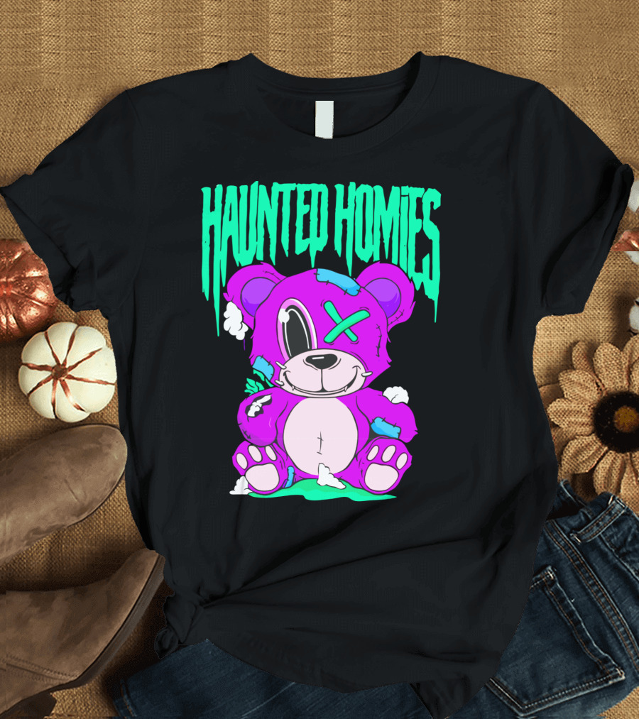 HAUNTED HOMIES Purple Teddy Bear Crossed Eye Patchwork T-Shirt