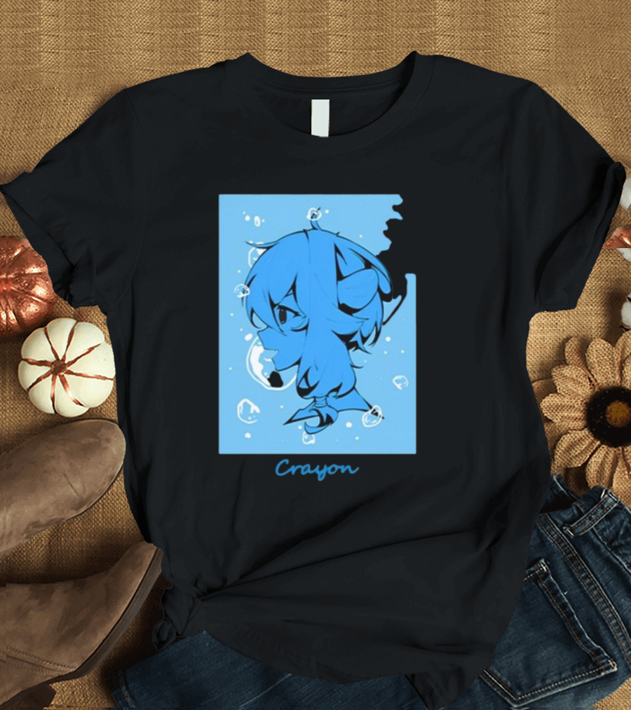 Crayon Blue Submerged Anime Portrait with Bubbles T-Shirt