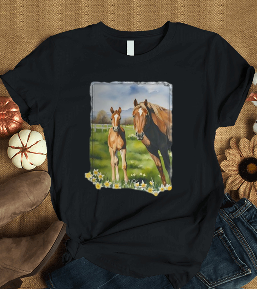 Katievanslyke Ginger And Freddie Horses In Pastoral Field With Daffodils T-Shirt