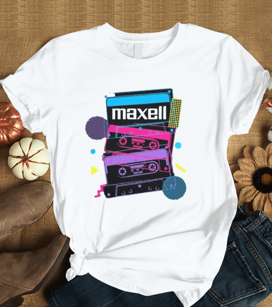 Maxell Retro Cassette Stack Vibrant Neon Aesthetic T-Shirt