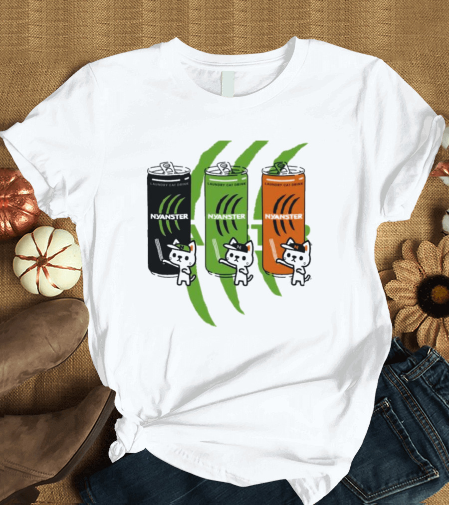 Laundry Cat Drink Nyanster Cans with Three Cats T-Shirt