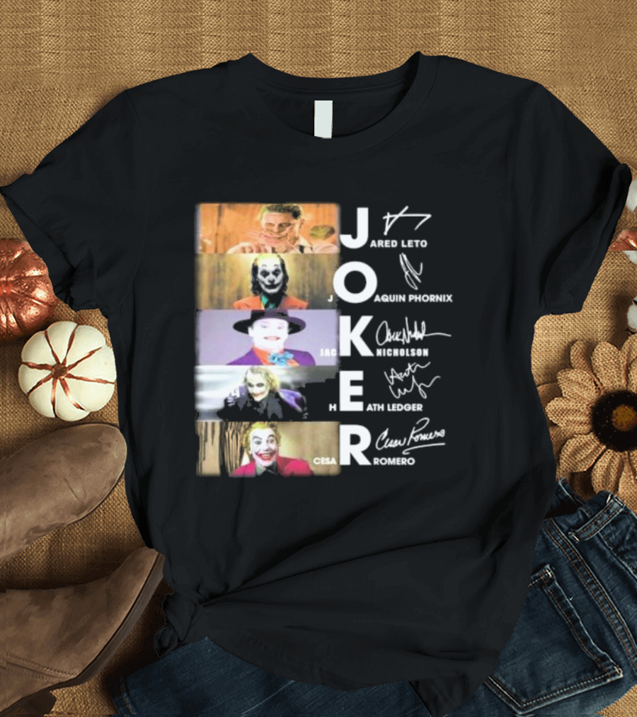 Joker Jared Leto Joaquin Phoenix Jack Nicholson Heath Ledger Cesar Romero Signatures DC Comics Movies All Stars Eras T-Shirt