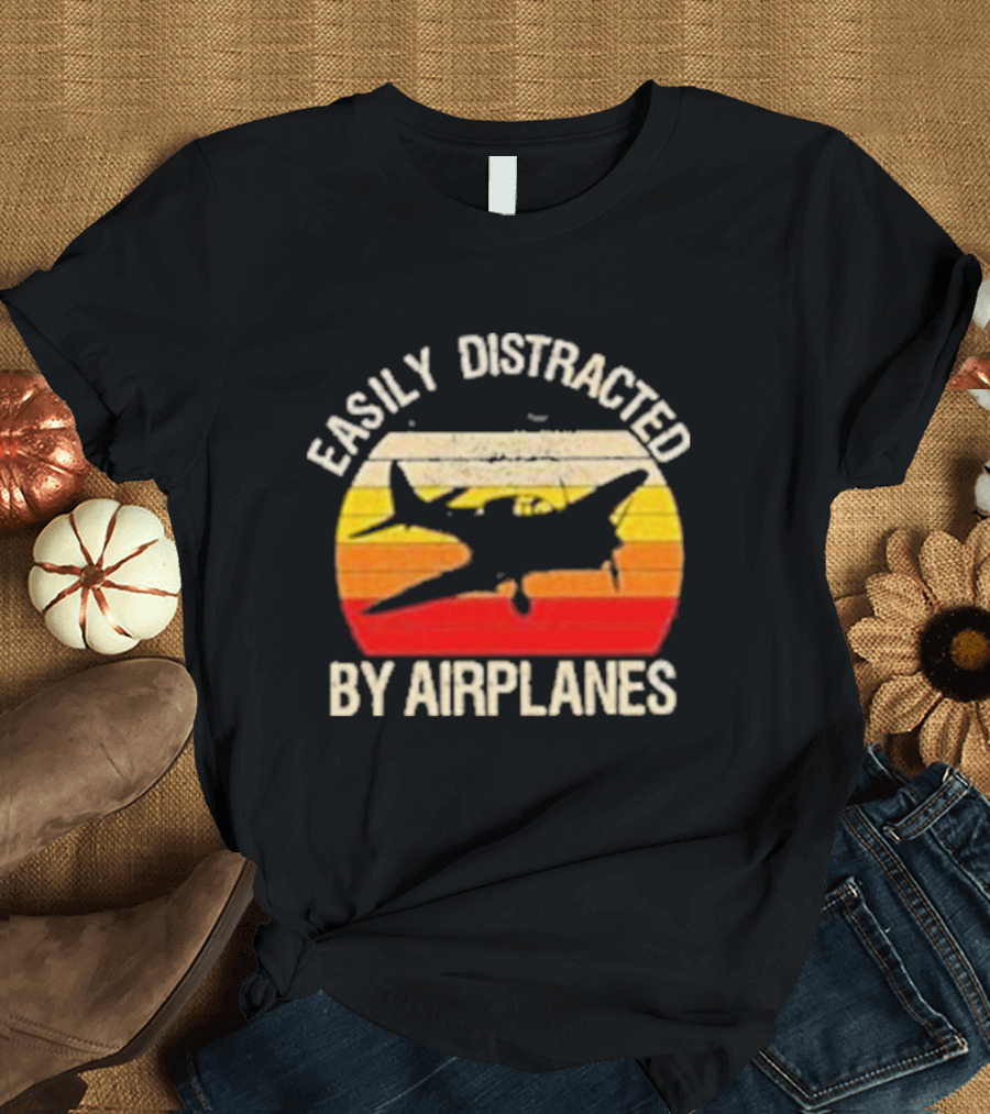 Easily Distracted By Airplanes Vintage Sunset T-Shirt