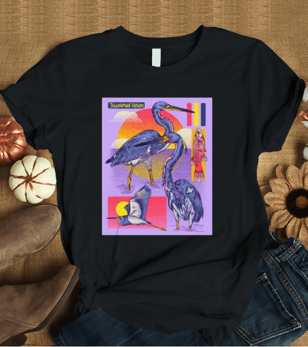 T-Shirt: Tricolored Heron Sunset Scene with Fish and Flying Heron T-Shirt Tricolored Heron Sunset Scene with Fish and Flying Heron T-Shirt