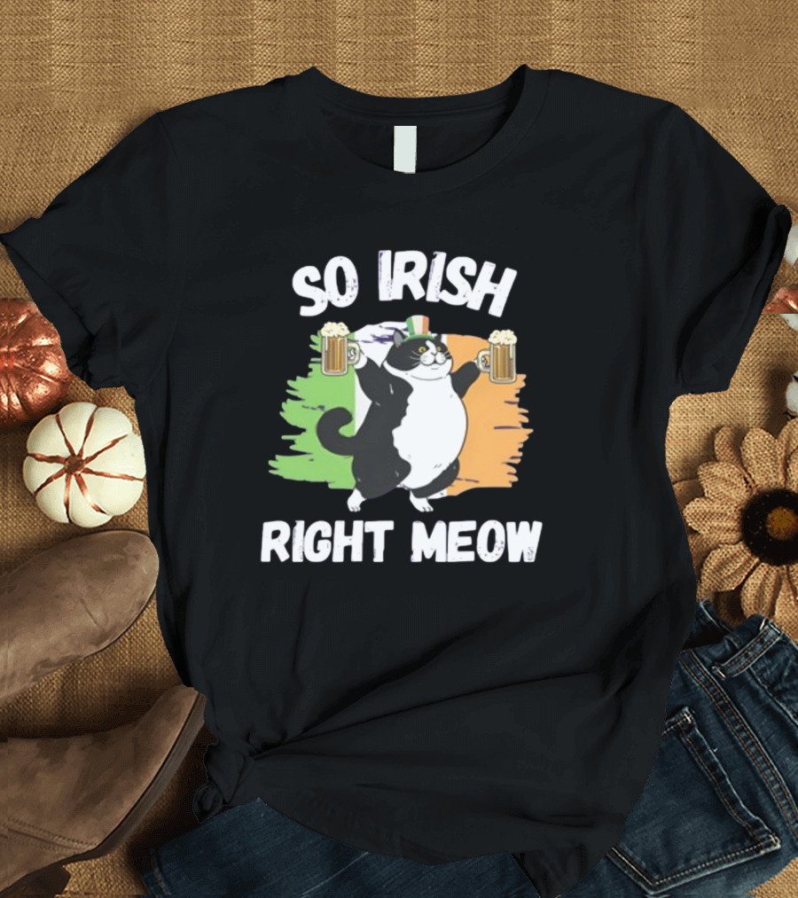 So Irish Right Meow Cat Holding Beer with Irish Flag in Background T-Shirt