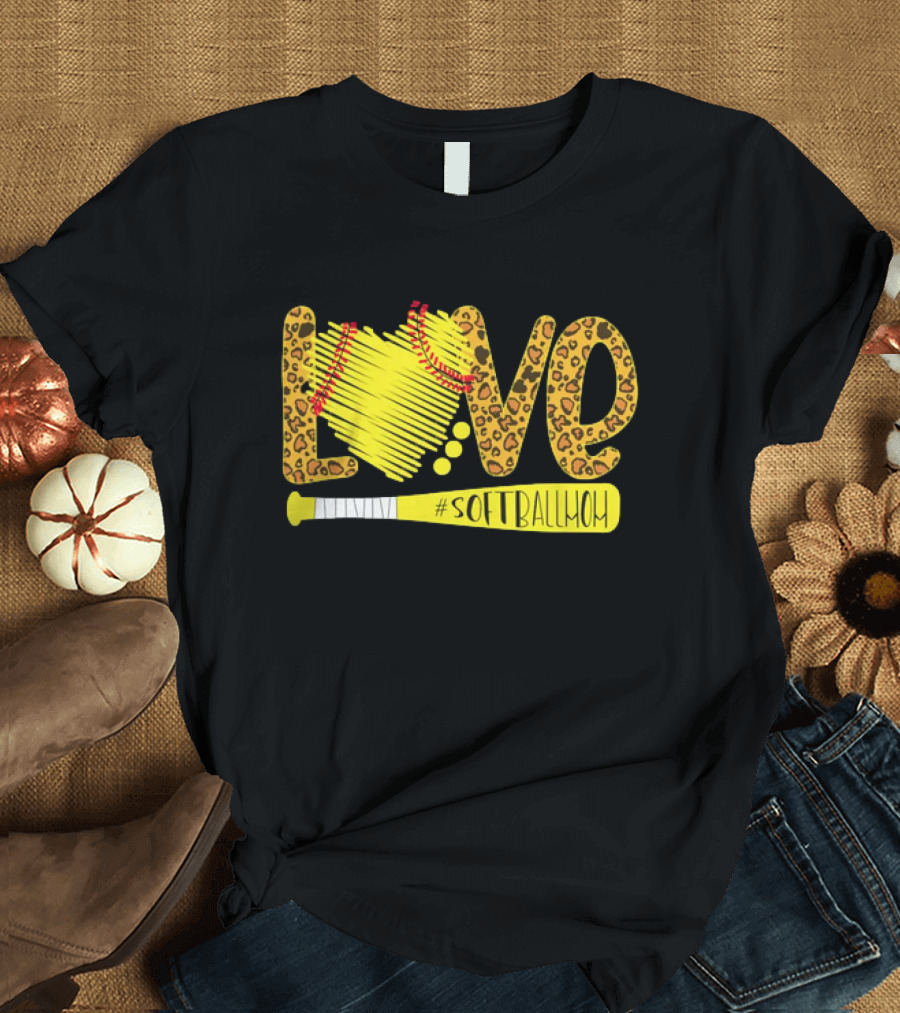Love Leopard Softball Mom T-Shirt