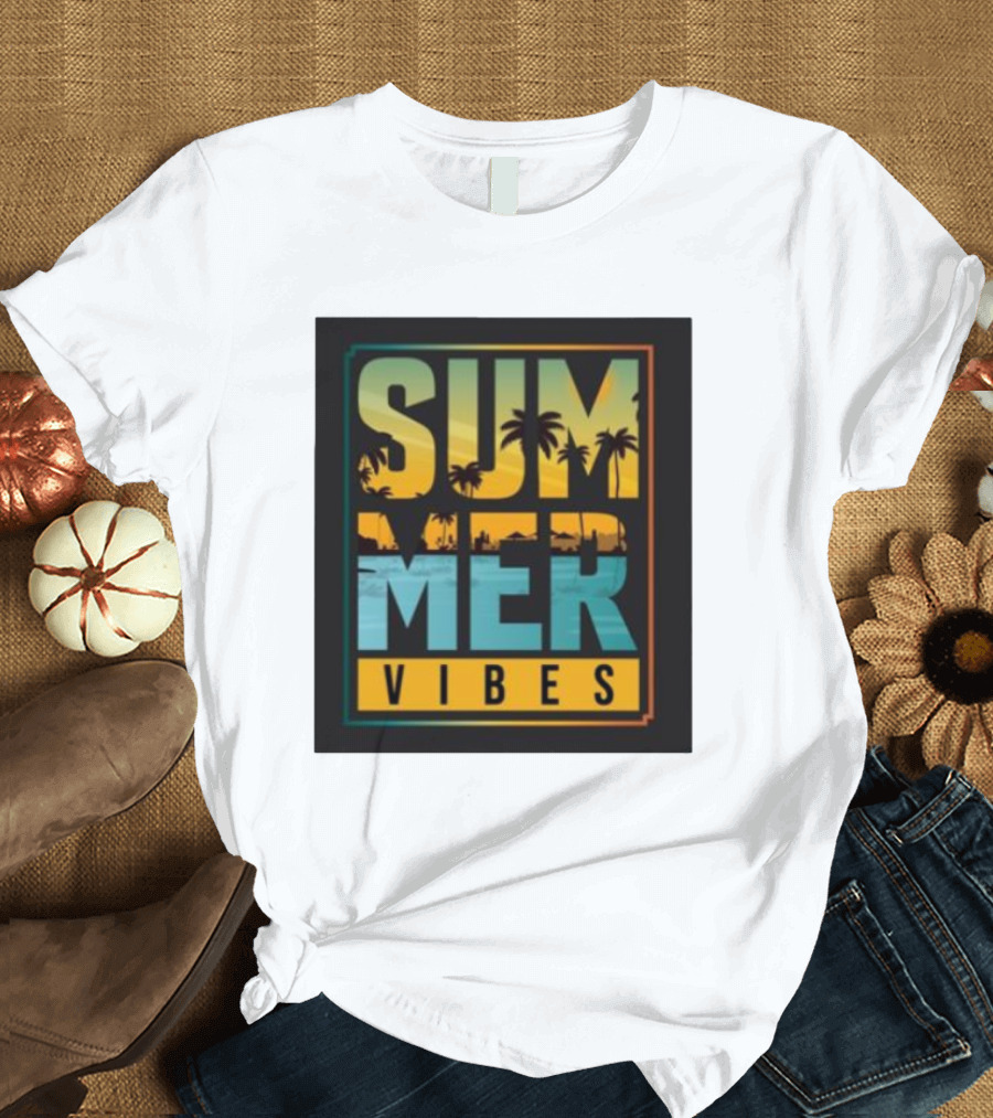 Summer Vibes Beach Tropical Palm Sunset Ocean Scene T-Shirt