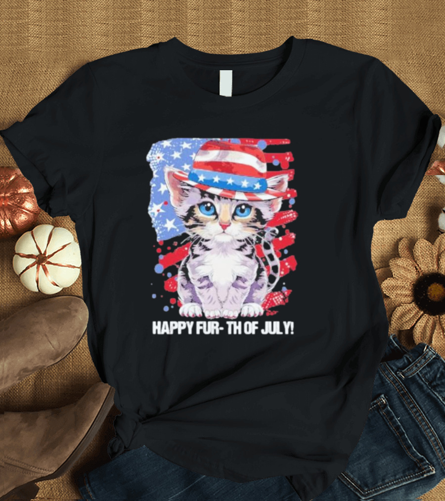 Happy Fur Th of July Cat Independence America Flag T-Shirt