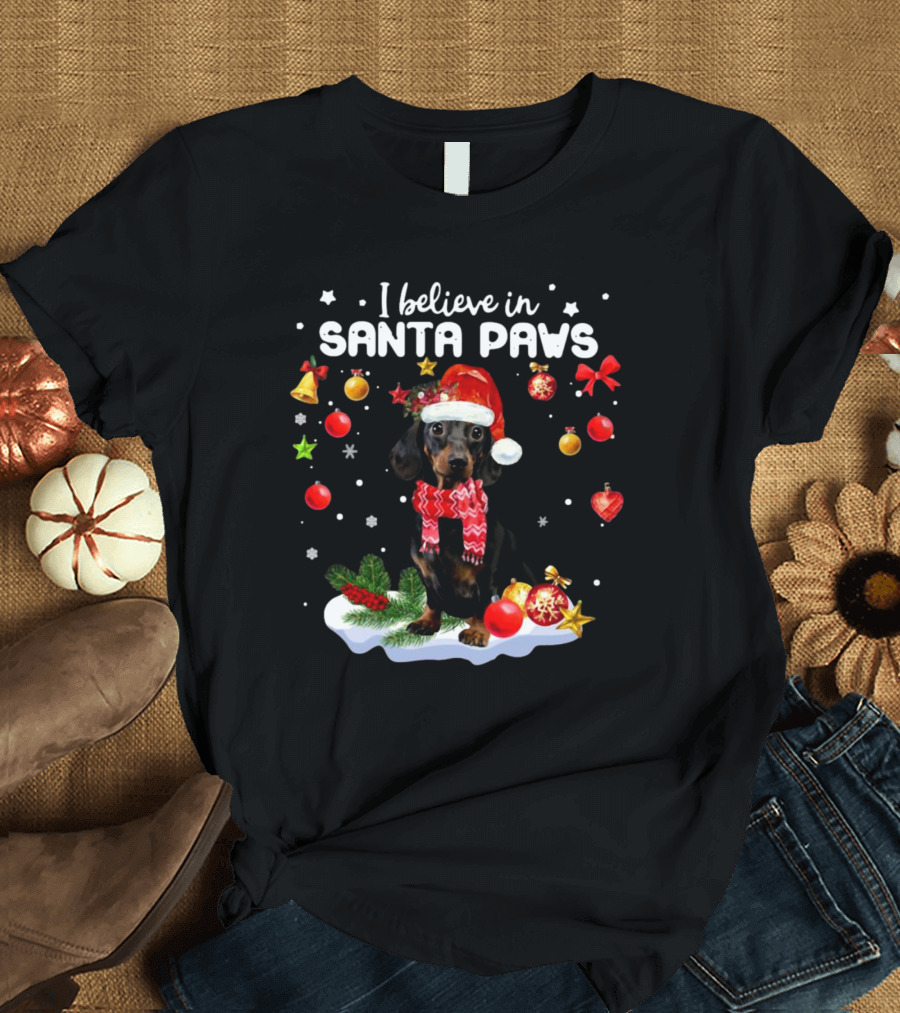 I Believe In Santa Paws Dachshund Merry Christmas T-Shirt