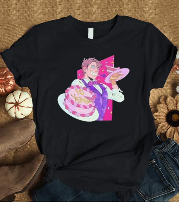 T-Shirt: Dawko’s 10 Year Anniversary Celebration with Cake and Festive Character T-Shirt Dawko’s 10 Year Anniversary Celebration with Cake and Festive Character T-Shirt