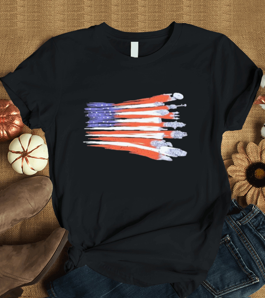 Sci-fi Spaceships Forming American Flag with Rebel T-Shirt