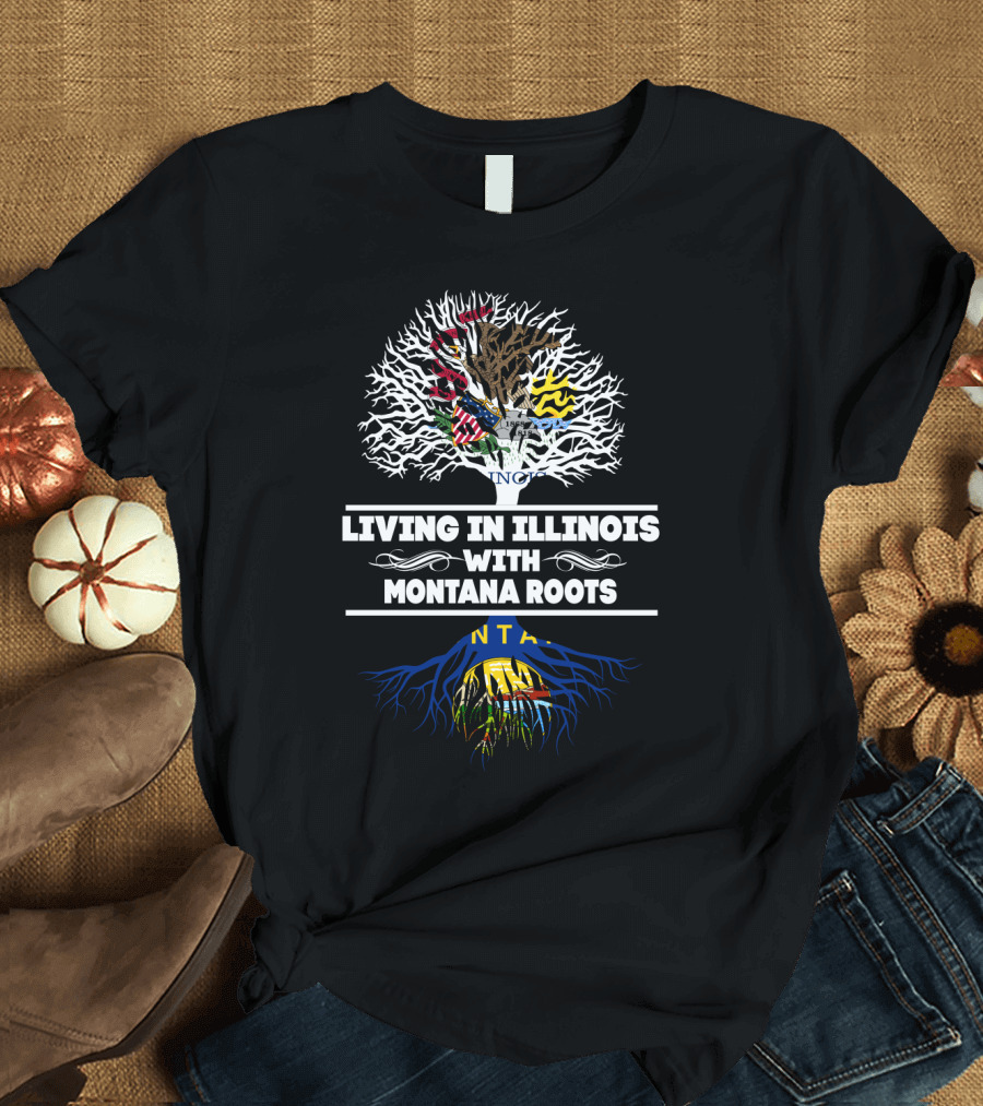 Illinois With Montana Heritage Tree Graphic Featuring State Flags And Symbolism T-Shirt