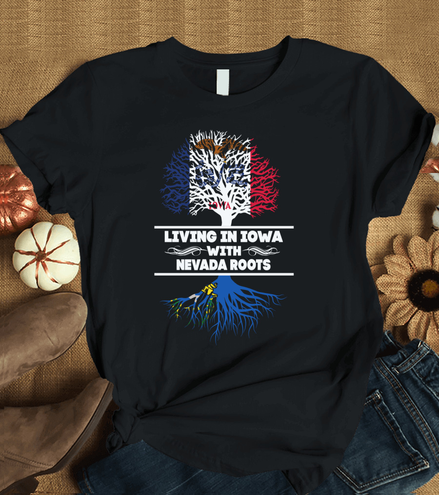 Iowa State Flag Tree with Nevada Roots Text T-Shirt